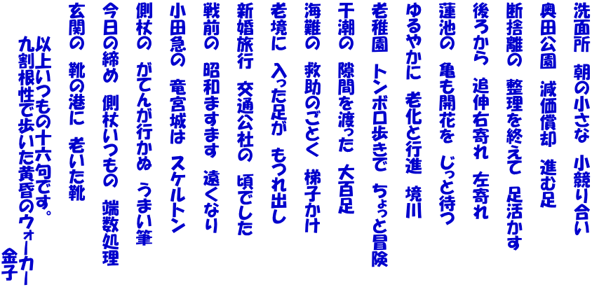 洗面所　朝の小さな　小競り合い   奥田公園　減価償却　進む足   断捨離の　整理を終えて　足活かす   後ろから　追伸右寄れ　左寄れ   蓮池の　亀も開花を　じっと待つ   ゆるやかに　老化と行進　境川   老稚園　トンボロ歩きで　ちょっと冒険   干潮の　隙間を渡った　大百足   海難の　救助のごとく　梯子かけ   老境に　入った足が　もつれ出し   新婚旅行　交通公社の　頃でした   戦前の　昭和ますます　遠くなり   小田急の　竜宮城は　スケルトン   側杖の　がてんが行かぬ　うまい筆   今日の締め　側杖いつもの　端数処理   玄関の　靴の港に　老いた靴   　　　以上いつもの十六句です。 　　　九割根性で歩いた黄昏のウォーカー 　　　　　　　　　　　　　　　　　　　　　　金子