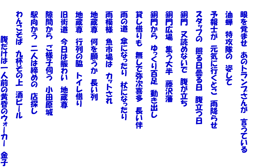   　　眼を覚ませ　あのトランプさんが　言うている　   　　油蝉　特攻隊の　姿して   　　予報士が　元気に行くとこ　雨降らせ   　　スタッフの　照る日曇る日　腹立つ日   　　銅門　又読めないで　腹が立ち   　　銅門広場　集う大半　藤沢藩   　　銅門から　ゆっくり百足　動き出し   　　貸し借りも　無しで弥次喜多　長い伴   　　雨の道　傘になったり　杖になったり   　　雨模様　魚市場は　カットされ   　　地蔵尊　何を願うか　長い列   　　地蔵尊　行列の脇　トイレ借り   　　旧街道　今日は賑わい　地蔵尊   　　隙間から　ご様子伺う　小田原城   　　駅向かう　二人は締めの　店探し   　　わんこそば　九杯その上　酒ビール   　　　　　　　腹だけは一人前の黄昏のウォーカー　金子