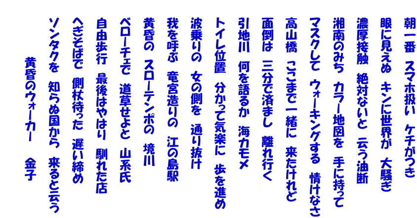 　　朝一番　スマホ扱い　ケチがつき   　　眼に見えぬ　キンに世界が　大騒ぎ   　　濃厚接触　絶対ないと　云う油断   　　湘南のみち　カラー地図を　手に持って   　　マスクして　ウォーキングする　情けなさ   　　高山橋　ここまで一緒に　来たけれど   　　面倒は　三分で済まし　離れ行く   　　引地川　何を語るか　海カモメ   　　トイレ位置　分かって気楽に　歩を進め   　　波乗りの　女の側を　通り抜け   　　我を呼ぶ　竜宮造りの　江の島駅   　　黄昏の　スローテンポの　境川   　　ベローチェで　道草せよと　山系氏   　　自由歩行　最後はやはり　馴れた店   　　へぎそばで　側杖待った　遅い締め   　　ソンタクを　知らぬ国から　来ると云う   　　　　　　　黄昏のウォーカー　　金子 　　 　