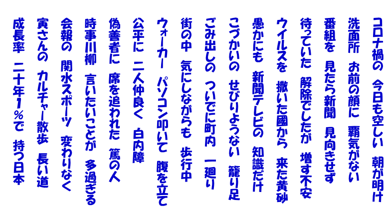 　　コロナ禍の　今日も空しい　朝が明け  　　洗面所　お前の顔に　覇気がない  　　番組を　見たら新聞　見向きせず  　　待っていた　解除でしたが　増す不安  　　ウイルスを　撒いた國から　来た黄砂  　　愚かにも　新聞テレビの　知識だけ  　　こづかいの　せびりようない　籠り足  　　ごみ出しの　ついでに町内　一廻り  　　街の中　気にしながらも　歩行中  　　ウォーカー　パソコン叩いて　腹を立て  　　公平に　二人仲良く　白内障  　　偽善者に　席を追われた　篤の人  　　時事川柳　言いたいことが　多過ぎる  　　会報の　関水スポーツ　変わりなく  　　寅さんの　カルチャー散歩　長い道  　　成長率　二十年１％で　持つ日本 